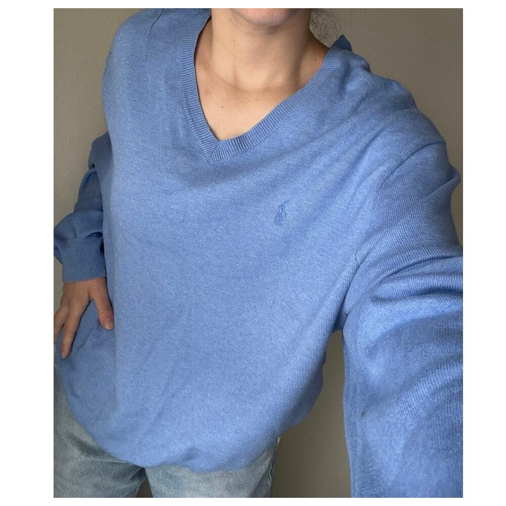 Ralph Lauren Polo blue V-Neck Sweater Preppy Collegiate Coastal varsity academia